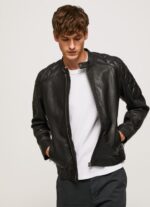 Men Black Pepe Jeans Lamb Leather Biker Jacket 60J40835
