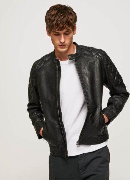 Men Black Pepe Jeans Lamb Leather Biker Jacket 60J40835