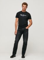 Men Black Pepe Jeans Printed Logo Cotton T-Shirt 60J401000 - Image 2
