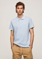 Men Bleach Blue Pepe Jeans Embroidered Logo Pique Polo Shirt 60J401080