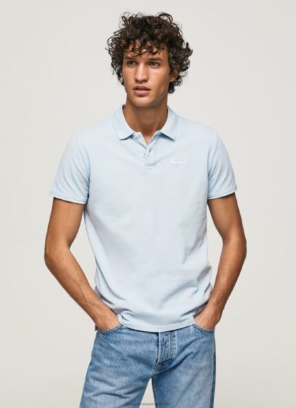 Men Bleach Blue Pepe Jeans Embroidered Logo Pique Polo Shirt 60J401096