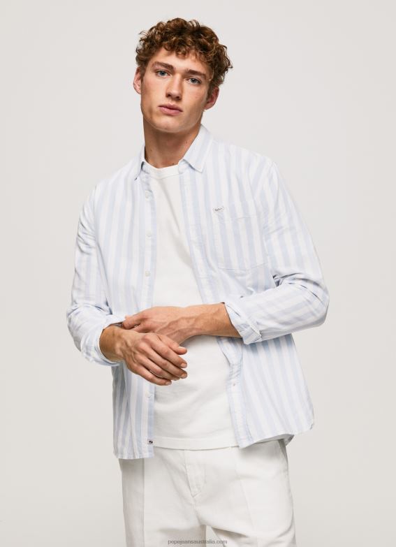 Men Bleach Blue Pepe Jeans Lucius Slim Striped Oxford Shirt 60J401026 - Image 4