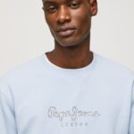 Men Bleach Blue Pepe Jeans Printed Logo Cotton Jumper 60J40876
