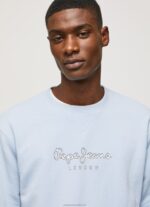 Men Bleach Blue Pepe Jeans Printed Logo Cotton Jumper 60J40876