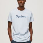 Men Bleach Blue Pepe Jeans Printed Logo Cotton T-Shirt 60J40933