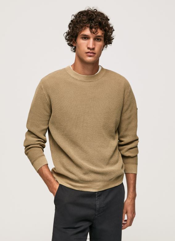 men_camel_pepe_jeans_waffle_knit_cotton_jersey_60j40855.jpg Men Camel Pepe Jeans Waffle Knit Cotton Jersey 60J40855 - Image 1