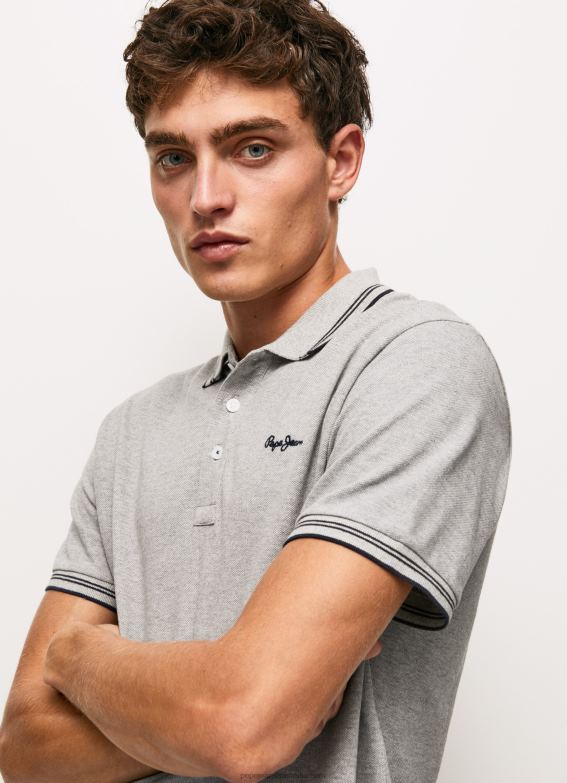 Men Grey Marl Pepe Jeans Embroidered Logo Pique Polo Shirt 60J401077 - Image 1
