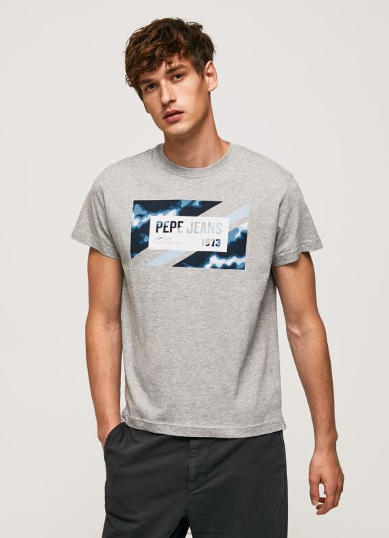 Men Grey Marl Pepe Jeans Flag Print Cotton T-Shirt 60J40957 - Image 1