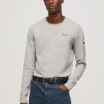 Men Grey Marl Pepe Jeans Long-Sleeved Cotton T-Shirt 60J401006