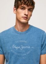 Men Light Blue Pepe Jeans Printed Logo Cotton T-Shirt 60J40967