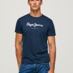 Men Navy Pepe Jeans Printed Logo Cotton T-Shirt 60J40999