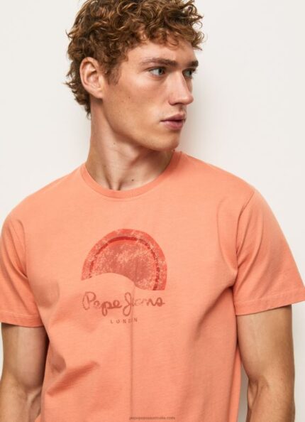 Men Squash Orange Pepe Jeans Worn-Effect Logo T-Shirt 60J40964
