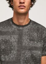 Men Washed Black Pepe Jeans Bandana Print Cotton T-Shirt 60J40937 - Image 3