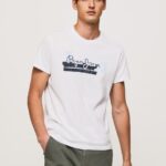 Men White Pepe Jeans Cotton T-Shirt With Brushes Logo 60J40930