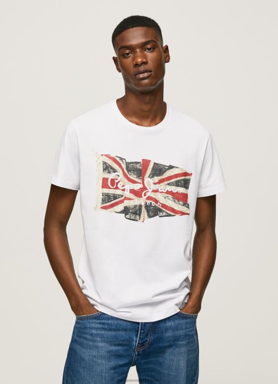 Men White Pepe Jeans Flag Logo N Waving Flag T-Shirt 60J401014 - Image 1