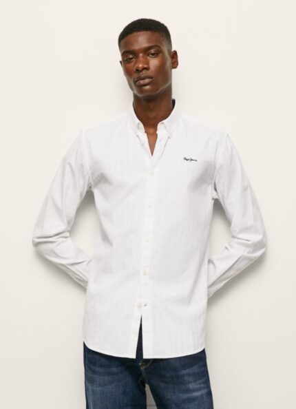 Men White Pepe Jeans Lisselton Striped Dobby Shirt 60J401064