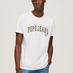 Men White Pepe Jeans Logo Print T-Shirt 60J40970