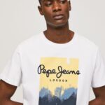 Men White Pepe Jeans Logo Print T-Shirt 60J40974