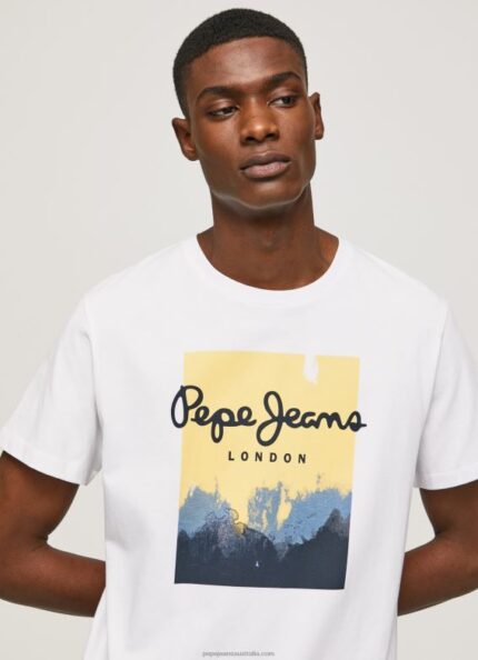 Men White Pepe Jeans Logo Print T-Shirt 60J40974