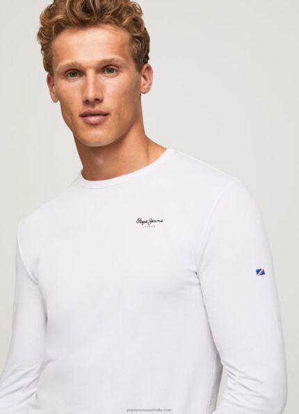 Men White Pepe Jeans Long-Sleeved Cotton T-Shirt 60J401007