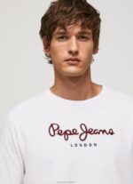 Men White Pepe Jeans Printed Logo Cotton T-Shirt 60J401018