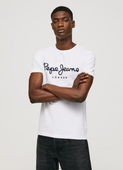 Men White Pepe Jeans Short-Sleeved Cotton T-Shirt 60J401002