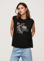 Women Black Pepe Jeans Armhole Sleeves Logo T-Shirt 60J40419 - Image 2