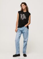 Women Black Pepe Jeans Armhole Sleeves Logo T-Shirt 60J40419