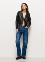 Women Black Pepe Jeans Biker Jacket With Epalules Shoulders 60J40116