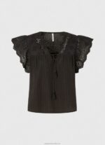 Women Black Pepe Jeans Cotton Blouse With Openwork Details 60J40336 - Image 5