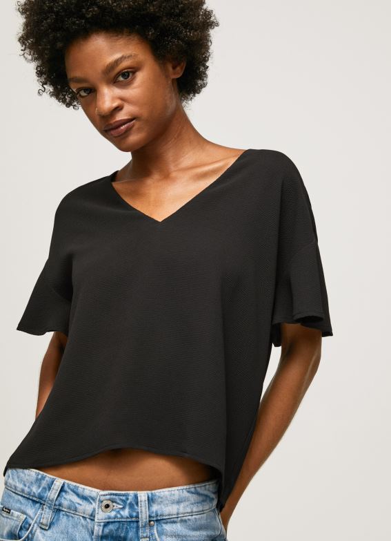 Women Black Pepe Jeans Crepe Top With Frills On Sleeves 60J40365 - Image 3