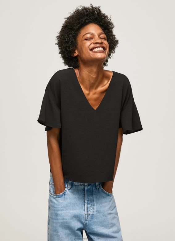 Women Black Pepe Jeans Crepe Top With Frills On Sleeves 60J40365 - Image 1