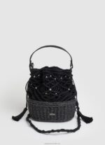 Women Black Pepe Jeans Macrame And Straw Bucket Bag 60J40741