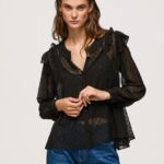 Women Black Pepe Jeans Semi-Transparent Plumeti Blouse 60J40328