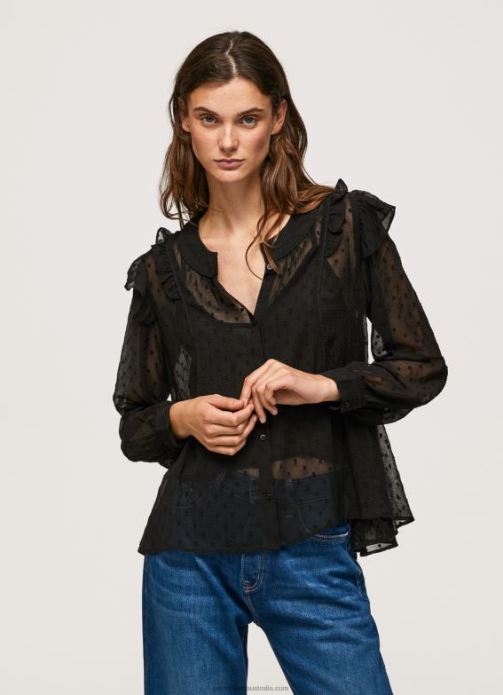 women_black_pepe_jeans_semi_transparent_plumeti_blouse_60j40328.jpg Women Black Pepe Jeans Semi-Transparent Plumeti Blouse 60J40328 - Image 1