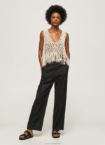 Women Black Pepe Jeans Straight Trousers In Flowy Fabric 60J40291