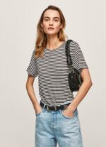 Women Black Pepe Jeans Striped Print T-Shirt 60J40459