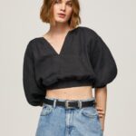 Women Black Pepe Jeans V-Neck Cropped Fit Top 60J40374