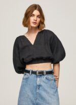 Women Black Pepe Jeans V-Neck Cropped Fit Top 60J40374