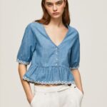 Women Blue Pepe Jeans V-Neck Denim Blouse 60J40369