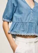 Women Blue Pepe Jeans V-Neck Denim Blouse 60J40369 - Image 3