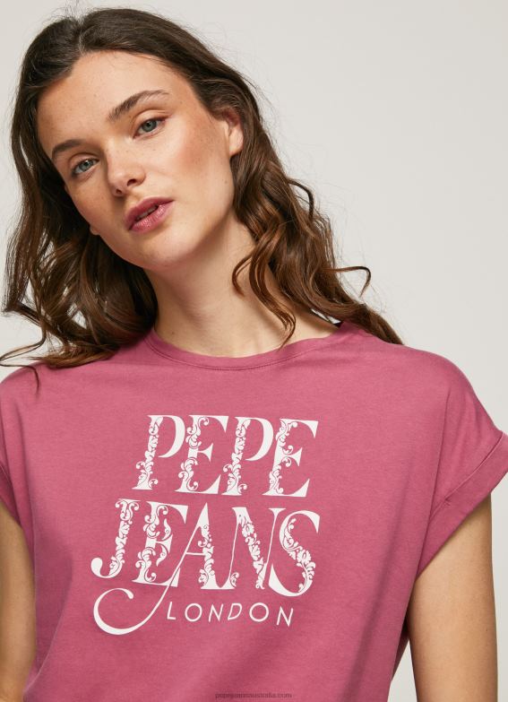 Women Dark Blush Pepe Jeans Floral Logo Cotton T-Shirt 60J40431 - Image 2