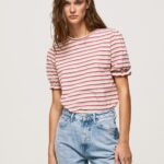 Women Dark Blush Pepe Jeans Ruffled-Sleeves Striped T-Shirt 60J40392