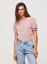 Women Dark Blush Pepe Jeans Ruffled-Sleeves Striped T-Shirt 60J40392
