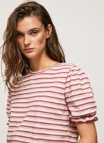 Women Dark Blush Pepe Jeans Ruffled-Sleeves Striped T-Shirt 60J40392 - Image 3
