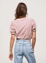 Women Dark Blush Pepe Jeans Ruffled-Sleeves Striped T-Shirt 60J40392 - Image 4