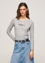 Women Grey Marl Pepe Jeans Long-Sleeved Cotton T-Shirt 60J40473