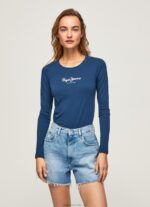 Women Navy Pepe Jeans Long-Sleeved Cotton T-Shirt 60J40472