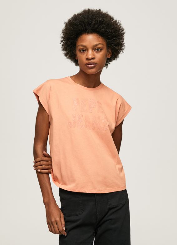 women_peach_pepe_jeans_logo_print_t_shirt_60j40434.jpg Women Peach Pepe Jeans Logo Print T-Shirt 60J40434 - Image 1