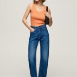 Women Peach Pepe Jeans Ribbed Armhole-Sleeved T-Shirt 60J40398